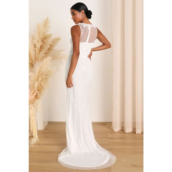 Lulus Modern Fairytale White Mesh Beaded Sequin Mermaid Wedding Dress - Picture 3 of 11
